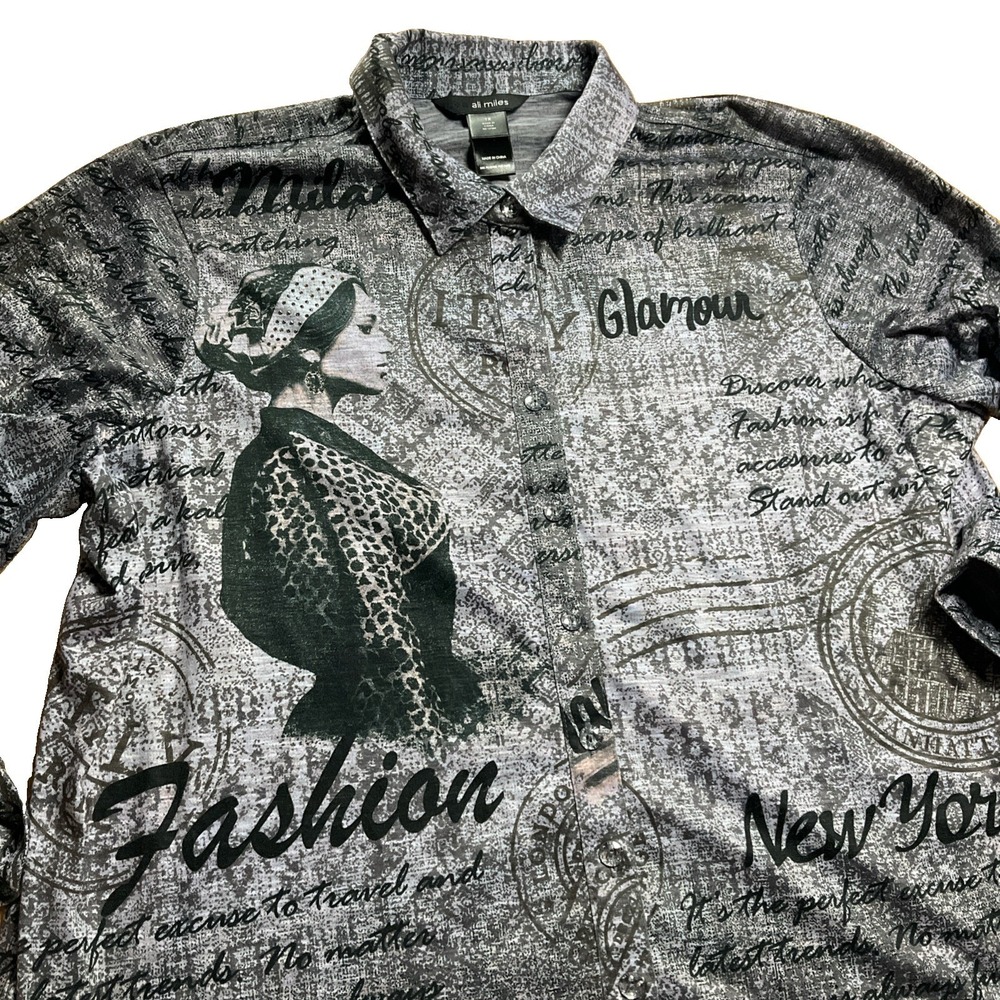 Ali Miles Women's 1X Button Front Shirt Glamour Fashion Long Sleeve Gray